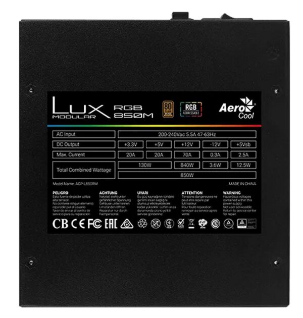 aerocool lux rgb 850w atx modular psu 80+ bronze